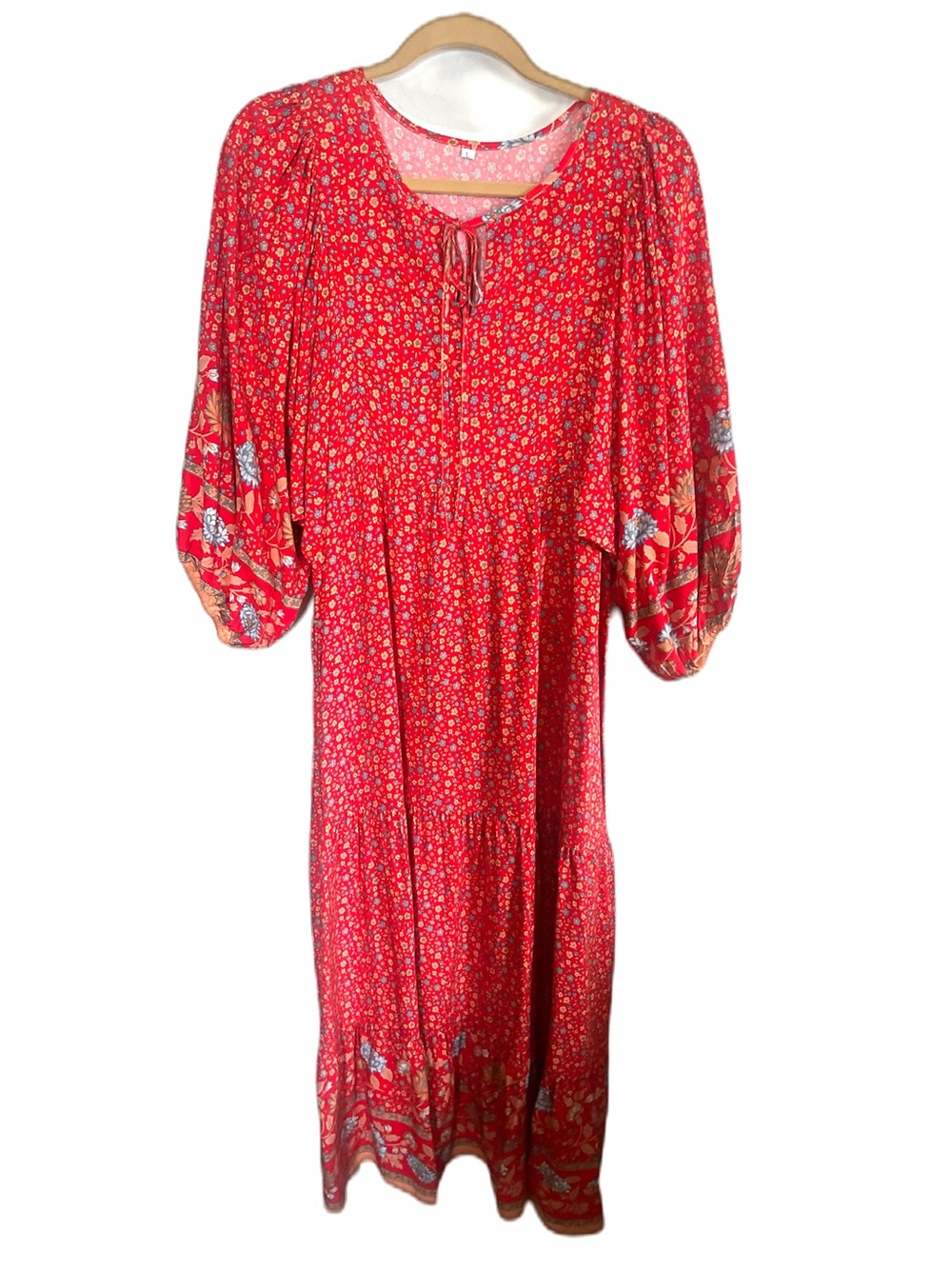 Bohemian Red Blue Paisley Floral Peasant Maxi Dress Bell Sleeves Whimsical